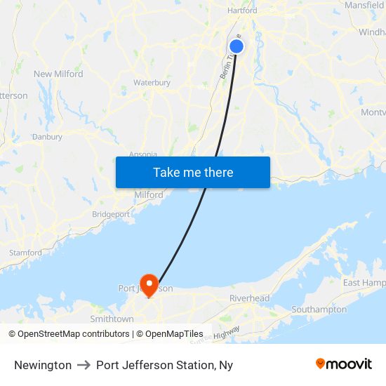 Newington to Port Jefferson Station, Ny map