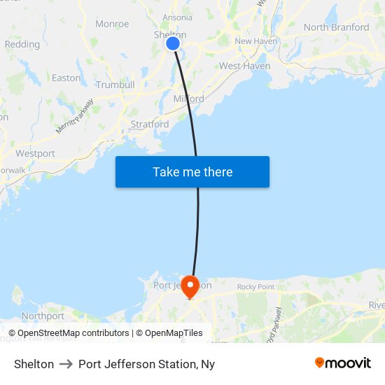 Shelton to Port Jefferson Station, Ny map