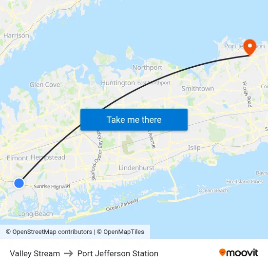 Valley Stream to Port Jefferson Station map