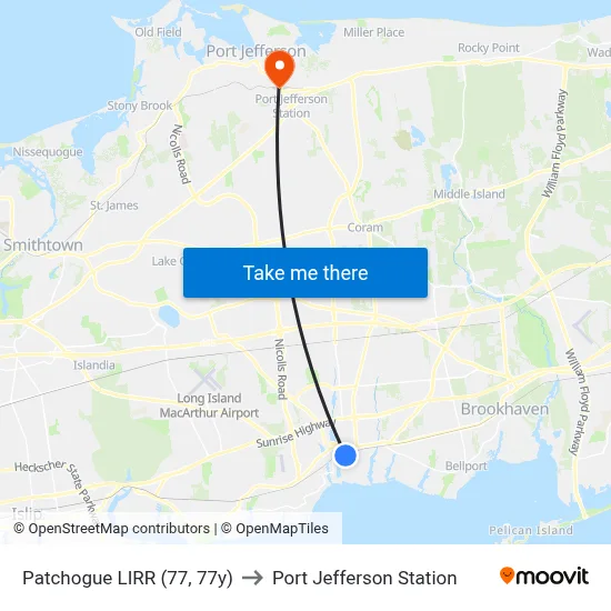 Patchogue LIRR (77, 77y) to Port Jefferson Station map