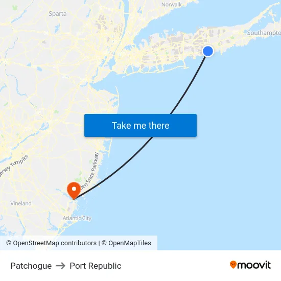 Patchogue to Port Republic map