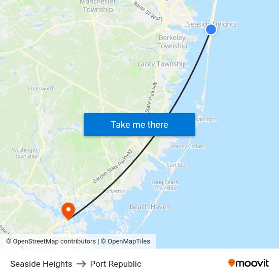 Seaside Heights to Port Republic map