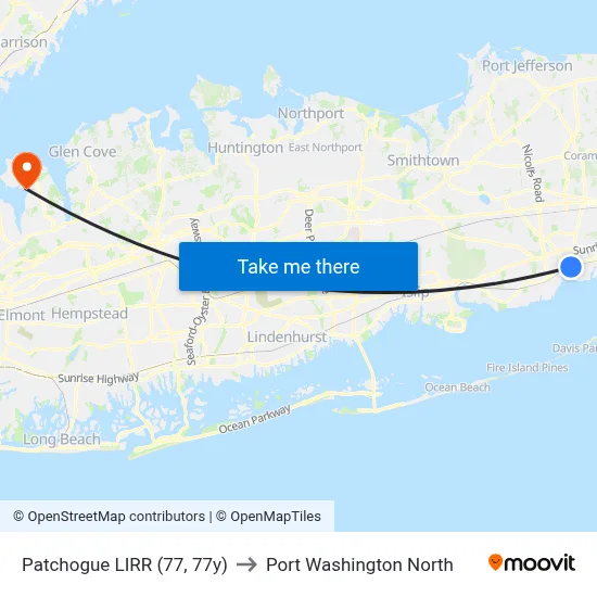 Patchogue LIRR (77, 77y) to Port Washington North map