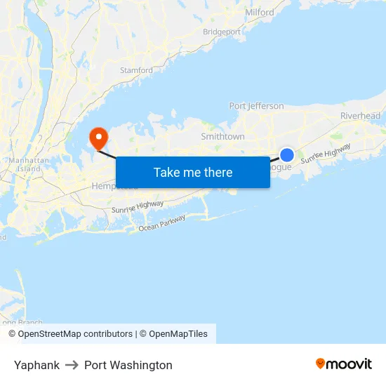 Yaphank to Port Washington map