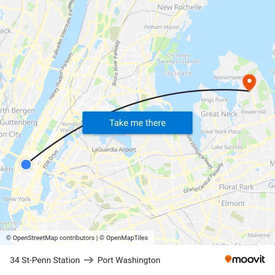 34 St-Penn Station to Port Washington map
