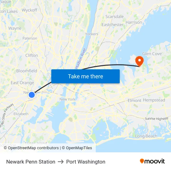 Newark Penn Station to Port Washington map