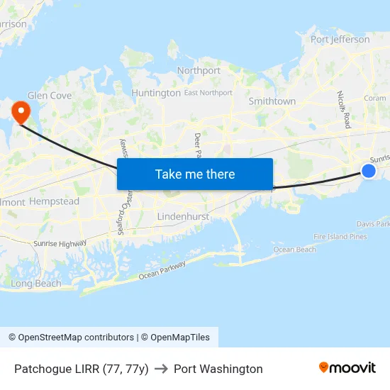Patchogue LIRR (77, 77y) to Port Washington map