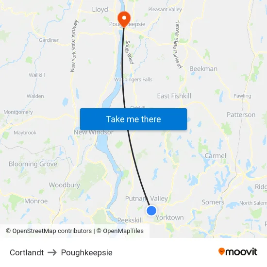 Cortlandt to Poughkeepsie map