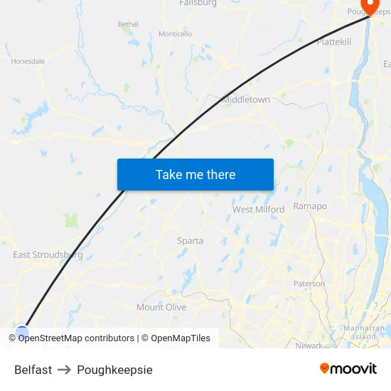 Belfast to Poughkeepsie map