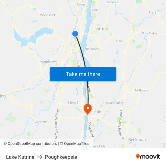 Lake Katrine to Poughkeepsie map