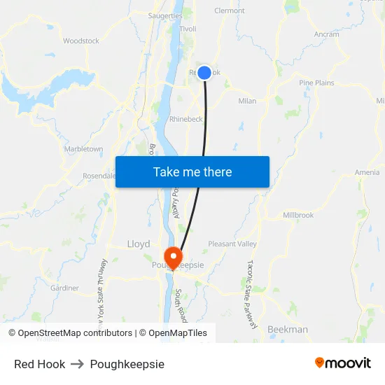 Red Hook to Poughkeepsie map