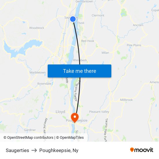 Saugerties to Poughkeepsie, Ny map