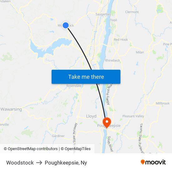 Woodstock to Poughkeepsie, Ny map