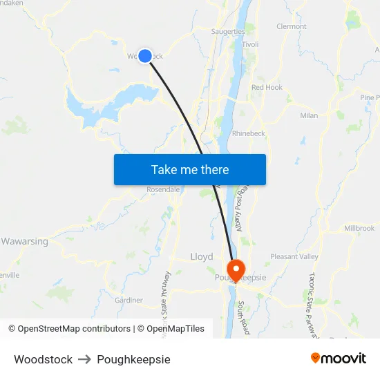 Woodstock to Poughkeepsie map