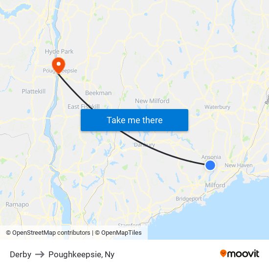 Derby to Poughkeepsie, Ny map