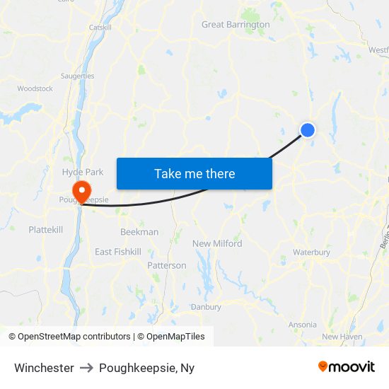 Winchester to Poughkeepsie, Ny map