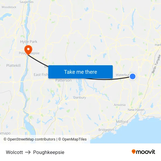 Wolcott to Poughkeepsie map