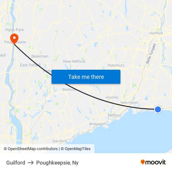 Guilford to Poughkeepsie, Ny map