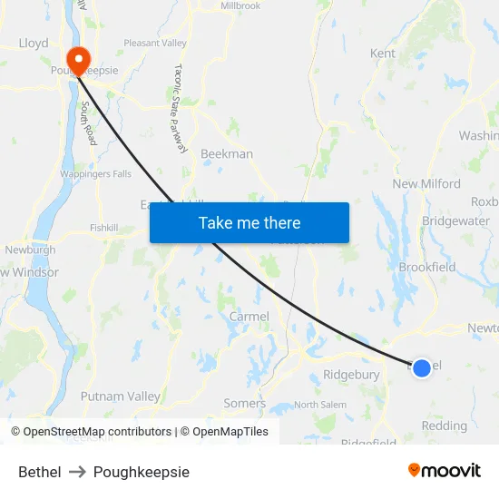 Bethel to Poughkeepsie map