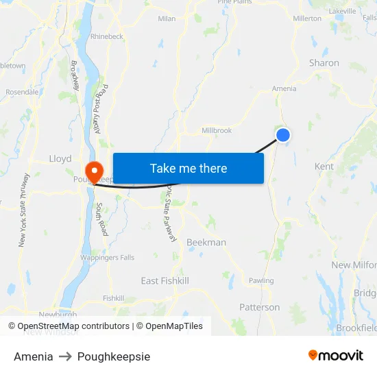 Amenia to Poughkeepsie map