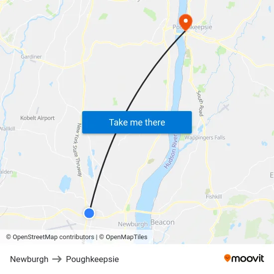 Newburgh to Poughkeepsie map