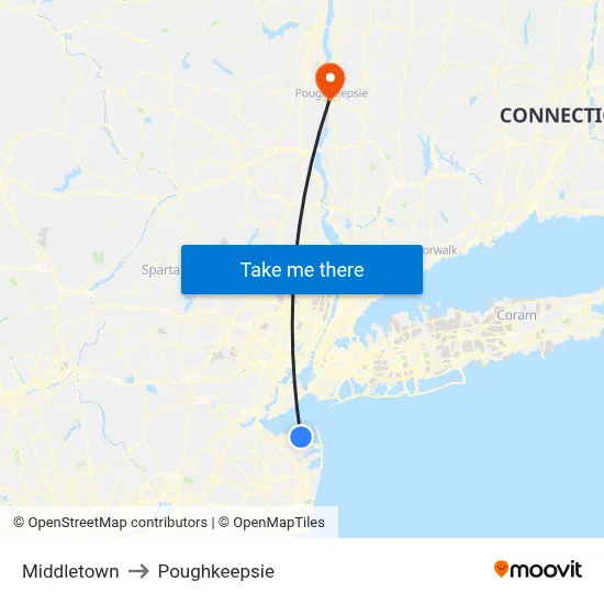 Middletown to Poughkeepsie map