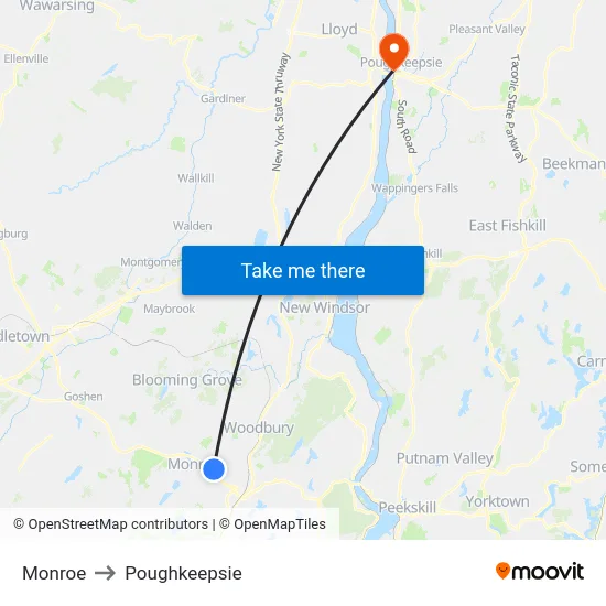 Monroe to Poughkeepsie map