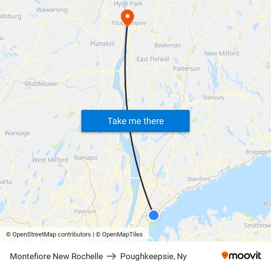 Montefiore New Rochelle to Poughkeepsie, Ny map