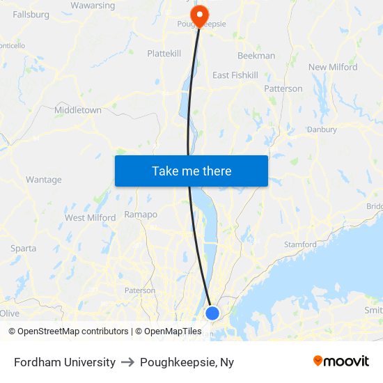 Fordham University to Poughkeepsie, Ny map