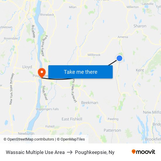 Wassaic Multiple Use Area to Poughkeepsie, Ny map