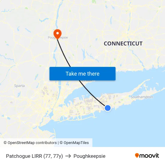 Patchogue LIRR (77, 77y) to Poughkeepsie map