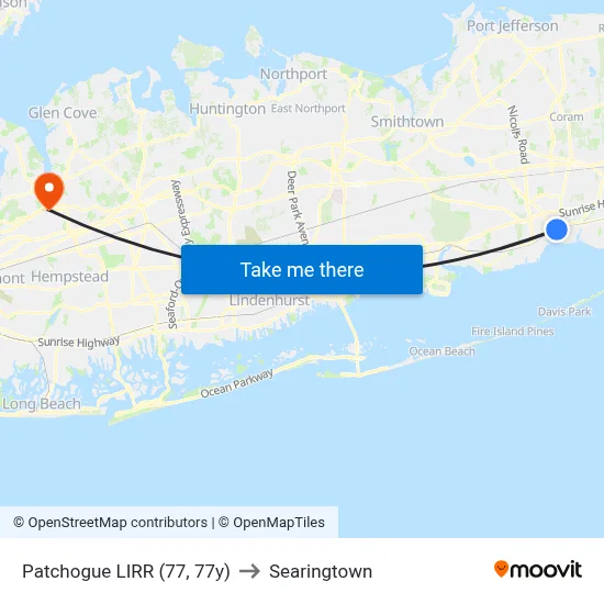 Patchogue LIRR (77, 77y) to Searingtown map