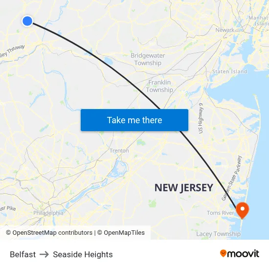 Belfast to Seaside Heights map