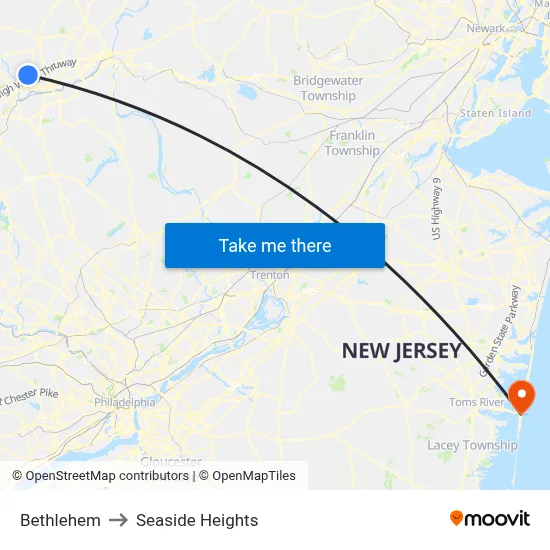 Bethlehem to Seaside Heights map