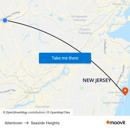 Allentown to Seaside Heights map