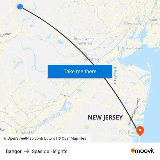 Bangor to Seaside Heights map