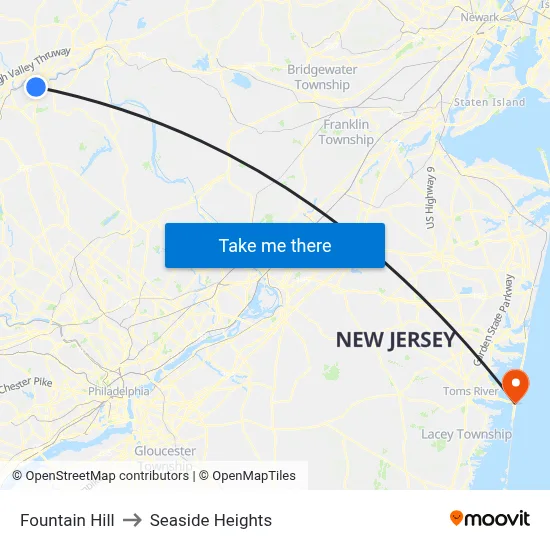 Fountain Hill to Seaside Heights map