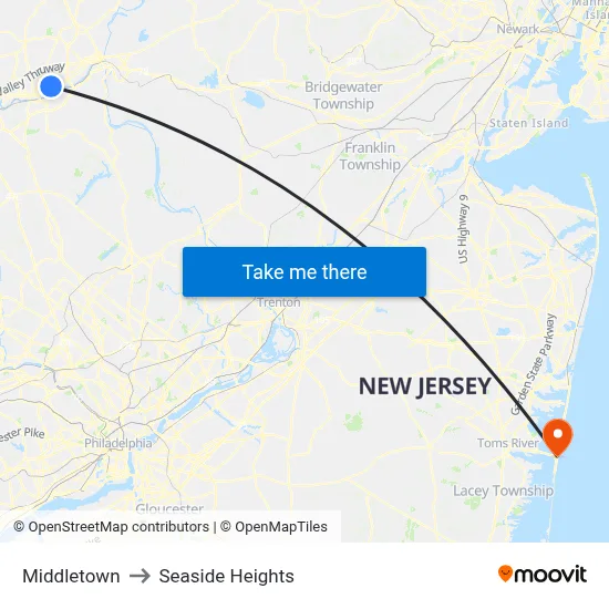 Middletown to Seaside Heights map
