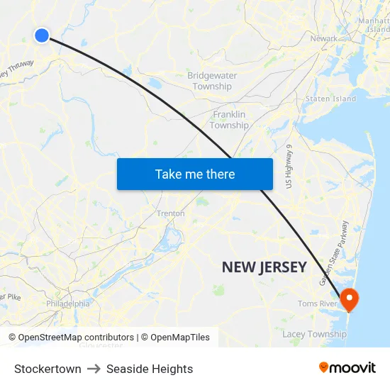 Stockertown to Seaside Heights map