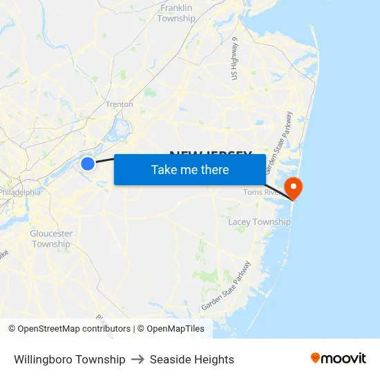 Willingboro Township to Seaside Heights map