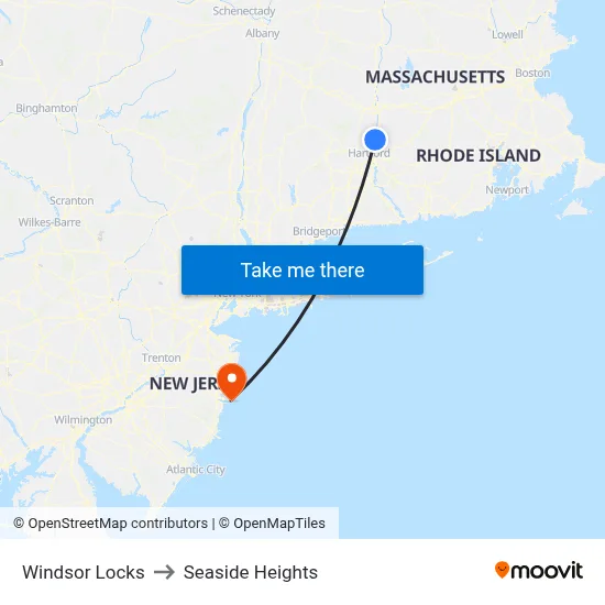 Windsor Locks to Seaside Heights map