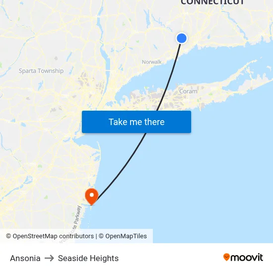 Ansonia to Seaside Heights map