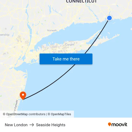 New London to Seaside Heights map