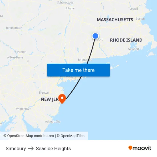 Simsbury to Seaside Heights map