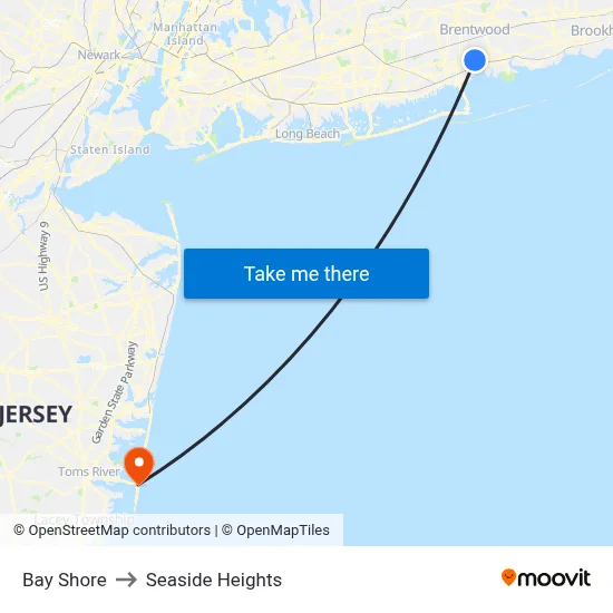Bay Shore to Seaside Heights map