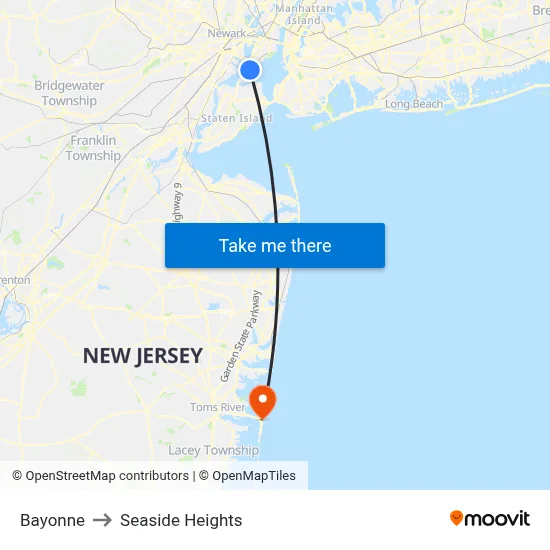 Bayonne to Seaside Heights map