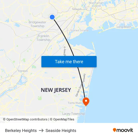 Berkeley Heights to Seaside Heights map