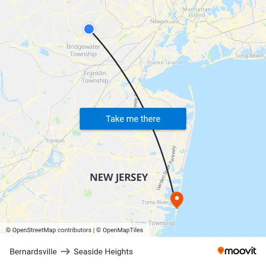 Bernardsville to Seaside Heights map