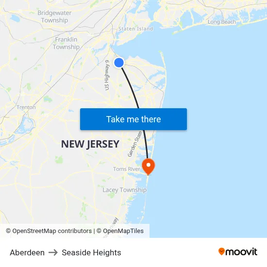Aberdeen to Seaside Heights map