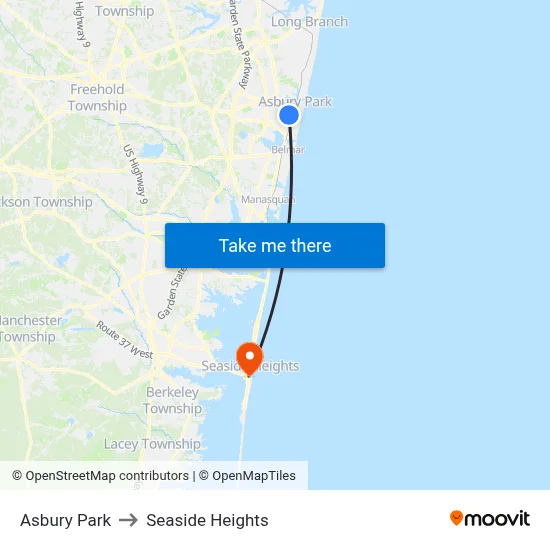 Asbury Park to Seaside Heights map